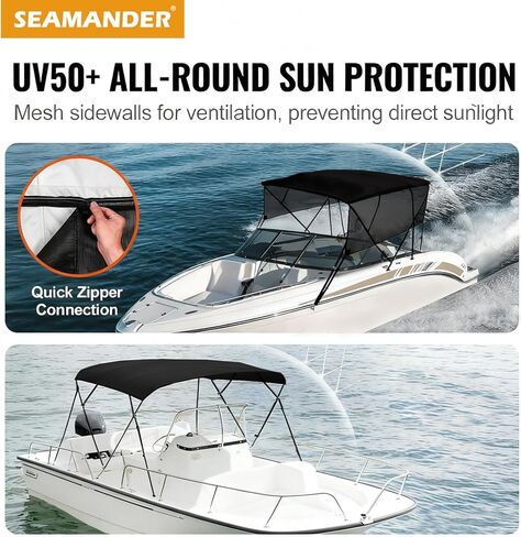Seamander 1200D Bimini Top، غطاء سحاب سهل التركيب، إطار أسود، مفصل سطح معدني، 4 أشرطة قابلة للتعديل وعمود دعم، جدار جانبي، مظلة قارب مقاومة للماء من الشمس، 3 أقواس سوداء 6'L 91"-96" W in Kuwait