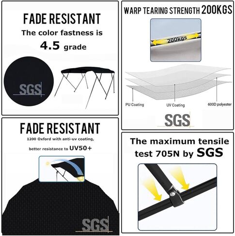 Seamander 1200D Bimini Top، غطاء سحاب سهل التركيب، إطار أسود، مفصل سطح معدني، 4 أشرطة قابلة للتعديل وعمود دعم، جدار جانبي، مظلة قارب مقاومة للماء من الشمس، 3 أقواس سوداء 6'L 91"-96" W in Kuwait