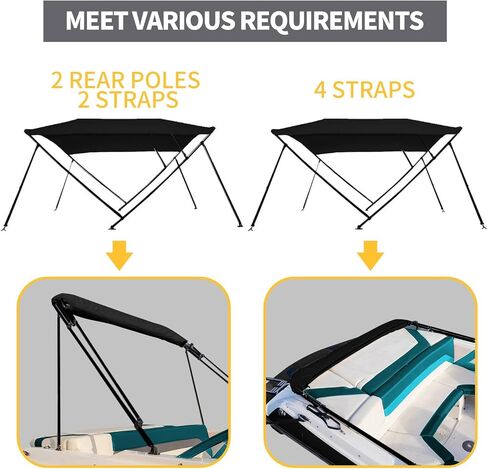 Seamander 1200D Bimini Top، غطاء سحاب سهل التركيب، إطار أسود، مفصل سطح معدني، 4 أشرطة قابلة للتعديل وعمود دعم، جدار جانبي، مظلة قارب مقاومة للماء من الشمس، 3 أقواس سوداء 6'L 91"-96" W in Kuwait