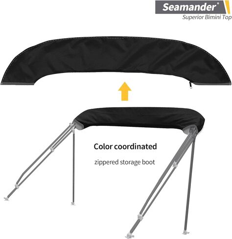 Seamander 1200D Bimini Top، غطاء سحاب سهل التركيب، إطار أسود، مفصل سطح معدني، 4 أشرطة قابلة للتعديل وعمود دعم، جدار جانبي، مظلة قارب مقاومة للماء من الشمس، 3 أقواس سوداء 6'L 91"-96" W in Kuwait