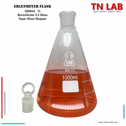 TN LAB 1L Erlenmeyer Flask Borosilicate 3.3 Glass 1000ml with 1L 24/25 Standard Jointed Glass Stopper 1 Liter in Kuwait