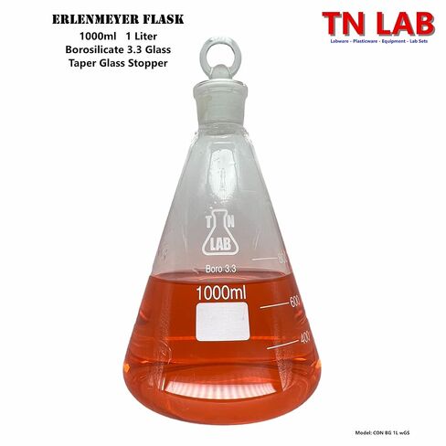 TN LAB 1L Erlenmeyer Flask Borosilicate 3.3 Glass 1000ml with 1L 24/25 Standard Jointed Glass Stopper 1 Liter in Kuwait