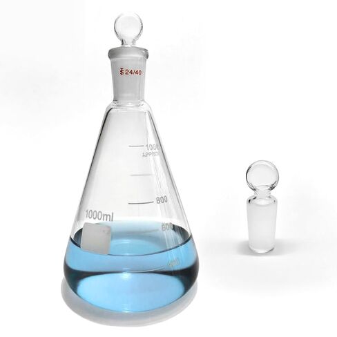 24/40 Glass Erlenmeyer Flask，Borosilicate Glass Heavy Wall Flask with Stopper & Standard Taper Outer Joint （1000ml in Kuwait