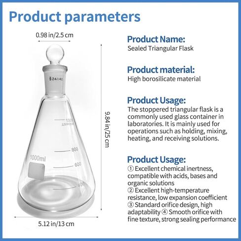 24/40 Glass Erlenmeyer Flask，Borosilicate Glass Heavy Wall Flask with Stopper & Standard Taper Outer Joint （1000ml in Kuwait