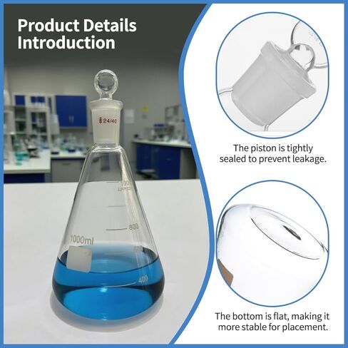 24/40 Glass Erlenmeyer Flask，Borosilicate Glass Heavy Wall Flask with Stopper & Standard Taper Outer Joint （1000ml in Kuwait