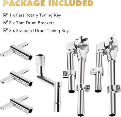 Drum Key & Tom Drum Brackets Set, 3 Standard Square Lug Drum Tuning Keys + 1 Fast Rotary Tuning Key + 2 Adjustable Tom Stand Mount Holder Percussion Clamp, Hardware Parts Drum Accessories Tool in Kuwait