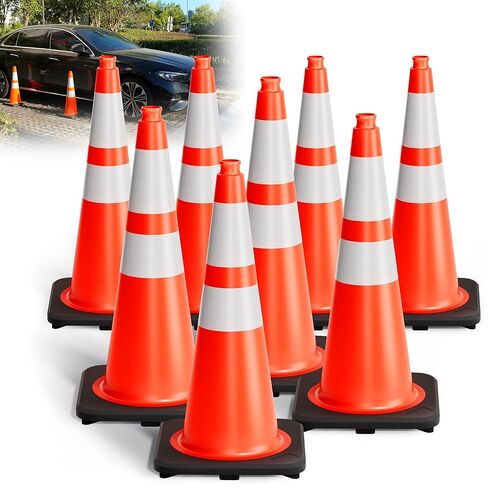 Traffic Cones 28 Inch Orange Cones 8 Pack with Heavy Duty Black Base - Safety Cones with Reflective Collars for Driveway Road Safety, Traffic Control, Parking Lot (28inch, 8 Pack) in Kuwait