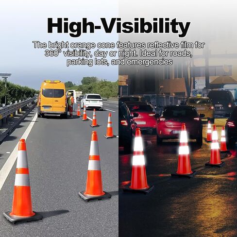 Traffic Cones 28 Inch Orange Cones 8 Pack with Heavy Duty Black Base - Safety Cones with Reflective Collars for Driveway Road Safety, Traffic Control, Parking Lot (28inch, 8 Pack) in Kuwait