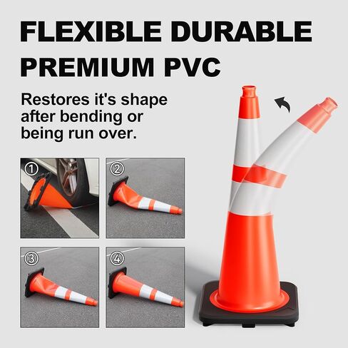 Traffic Cones 28 Inch Orange Cones 8 Pack with Heavy Duty Black Base - Safety Cones with Reflective Collars for Driveway Road Safety, Traffic Control, Parking Lot (28inch, 8 Pack) in Kuwait