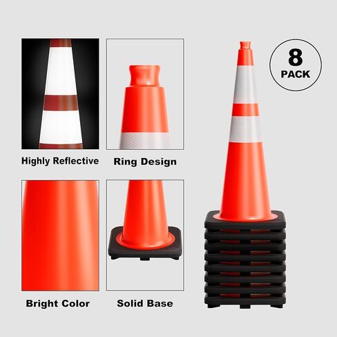 Traffic Cones 28 Inch Orange Cones 8 Pack with Heavy Duty Black Base - Safety Cones with Reflective Collars for Driveway Road Safety, Traffic Control, Parking Lot (28inch, 8 Pack) in Kuwait