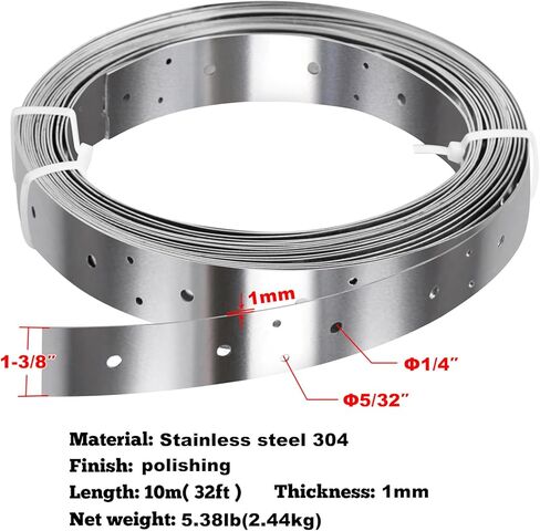 GBGS 32ft x 1-3/8"(35 mm) Width Perforated Tie Strap,19 Gauge Metal Coil Strapping,Stainless Steel 304 in Saudi Arabia