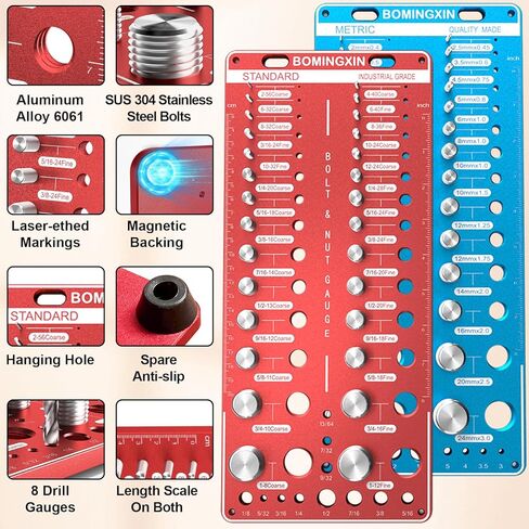 Upgrade Thread Checker, 78 Nut and Bolt Thread Checker with Magnetic Base, 28 Standard & 28 Metric & 22 Drill Bit Gauge, Wall-Mountable Bolt Thread Identifier Gauge for Quick Measurement in Kuwait