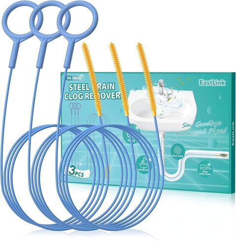 EastLink 50 Inch Extra-Long Drain Snake 3 Pack, Reusable Sink Snake with Easy-Rinse Barbed Tip, Anti-Break Flexible Steel Drain Clog Remover with Nylon Layer, Ideal for Bathroom, Shower and Bathtub in Kuwait