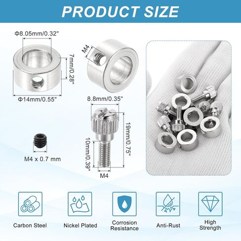 PATIKIL 6pcs Set Screw Collars 8.05mm Bore Shaft Collars, 14mm OD, 7mm Height with 6pcs M4 Hand Screws, Landing Gear Stopper Wheel Collar, Silver in Kuwait