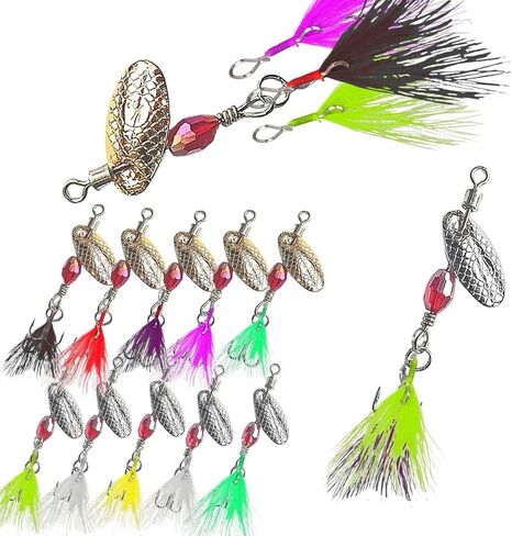 Aboda Transformer Rooster Tail Fishing Lures Kit - 10 Pcs Trout Lures with 15 Changeable Feather Rooster Tails, Spinner Baits for Bass, Trout, Salmon -Ultimate Beginners Lure Kit for Exploring in Kuwait