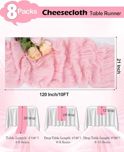 8 Pack Pink Cheesecloth Table Runner 21x120 Inch Boho Gauze Table Runners Rustic Light Pink Table Runner for Wedding Birthday Party Baby Shower Centerpiece Valentine's Day Home Decorations in Saudi Arabia