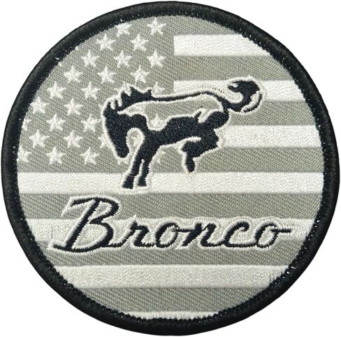 Ford Bronco Greyscale Flag Logo Embroidered Patch 3 inch Round | Heat Seal Patch for Clothes, Jean Jacket, Black Backpack, Hat, Jackets, and More in Kuwait