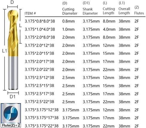 1pcs Carbide 2 Flute Ball Nose End Mills 3.175/4/6/8/10/12mm Shank CNC Router Bit Carbide Milling Cutter Woodworking Tool(3.175x3.175x22x38) in Kuwait