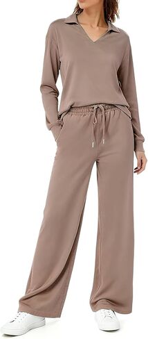 2 Piece Lounge Set for Women Sweatsuit Travel Outfits Fall Leisure Sweatshirt Matching Wide Leg Pants Sets in Kuwait