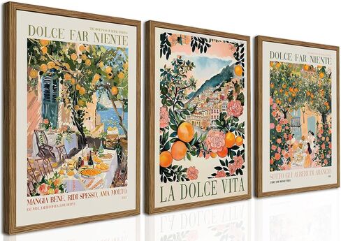 Italy Travel Wall Art Set of 3, Amalfi Coast Wall Decor, Trendy Italian Food Kitchen Poster Canvas Prints, Vintage City Landscape Artwork for Dining Room Living Room 12x16 inch Wood Framed in Kuwait