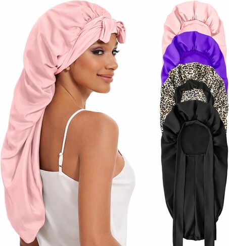 Silk Long Bonnet for Braids & Curly Hair, Silk Satin Bonnet for Sleeping, Extra Large Bonnets for Women Braid (Black Pink) in Saudi Arabia