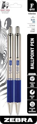 Zebra Pen F-402 Retractable Ballpoint Pen, Stainless Steel Barrel, Fine Point, 0.7mm, Blue Ink, 12-Pack in Kuwait