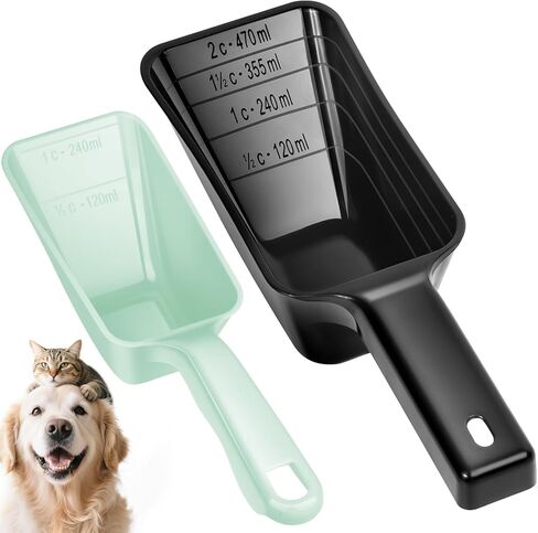 2 Pack Dog Food Scoop with 1 Cup and 2 Cup Capacity, Plastic Pet Food Measuring Scoops with Clear Measurement Lines for Dogs, Cats & More,Dishwasher safe (Black) in Kuwait