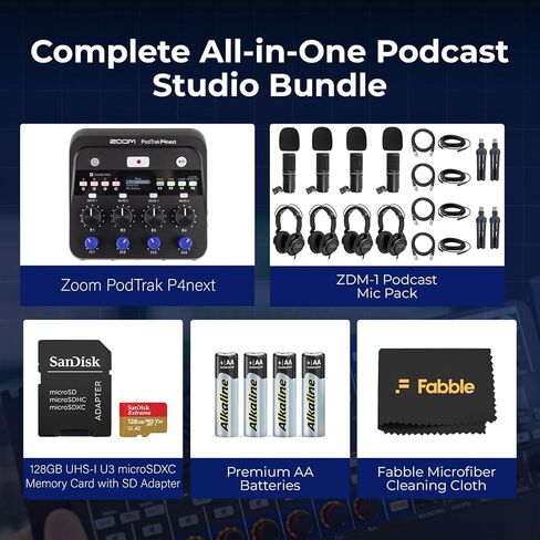 Zoom PodTrak P4next Portable Multitrack Podcast Recorder Bundle with Microphones, Headphones, Windscreens, Desktop Mic Stand, 128  GB microSDXC Memory Card, 4 AA Batteries & Charger in Saudi Arabia