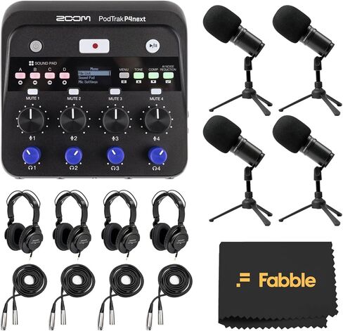 مجموعة مسجل البودكاست Zoom PodTrak P4next مع أربع حزم ميكروفون للبودكاست Zoom ZDM-1، بما في ذلك سماعات الرأس والواقيات الأمامية وكابلات XLR وحوامل الطاولة لإعداد تسجيل كامل in Saudi Arabia