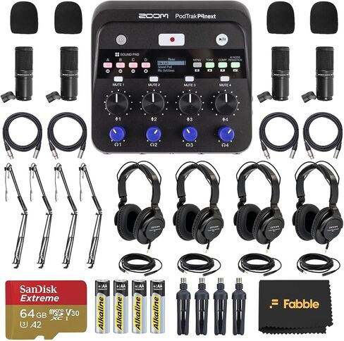 مجموعة مسجل بودكاست محمول متعدد المسارات Zoom PodTrak P4next مع 4 حزم ميكروفون بودكاست ZDM-1 و4 أذرع ذراع MBS5000 على المسرح مع كابلات XLR وبطاقة microSDXC سعة 64 جيجابايت وبطاريات AA in Saudi Arabia