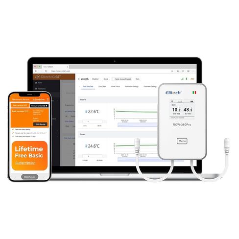 Elitech 2.4GHz/5GHz WiFi Real-Time Temperature Humidity Monitor, Dual Channel Remote Data Logger, Cloud Data Storage, SMS/Email/APP/Web Alarm, Warehouse, Pharmacy, RCW-360Pro-W-DC in Kuwait
