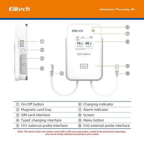 Elitech 2.4GHz/5GHz WiFi Real-Time Temperature Humidity Monitor, Dual Channel Remote Data Logger, Cloud Data Storage, SMS/Email/APP/Web Alarm, Warehouse, Pharmacy, RCW-360Pro-W-DC in Kuwait