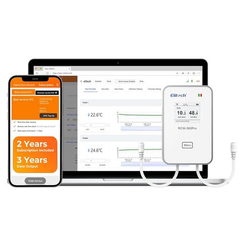 Elitech 2.4GHz/5GHz WiFi Real-Time Temperature Humidity Monitor, Dual Channel Remote Data Logger, Cloud Data Storage, SMS/Email/APP/Web Alarm, Warehouse, Pharmacy, RCW-360Pro-W-DC in Kuwait