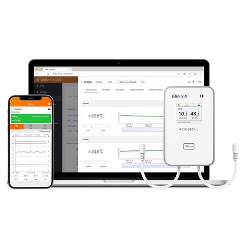 Elitech 2.4GHz/5GHz WiFi Real-Time Temperature Humidity Monitor, Dual Channel Remote Data Logger, Cloud Data Storage, SMS/Email/APP/Web Alarm, Warehouse, Pharmacy, RCW-360Pro-W-DC in Kuwait