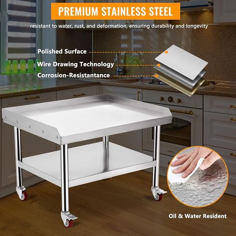 Stainless Steel Table 36x28 Inch Commercial Work Table with Wheels, 1000 lbs Capacity Adjustable Shelf, Heavy-Duty Equipment Grill Stand for Kitchen Restaurant BBQ in Kuwait