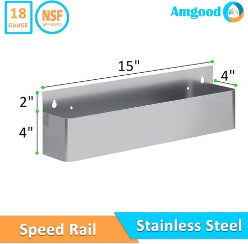 AmGood 15 بوصة. رف سكة حديد سريع من الفولاذ المقاوم للصدأ بطبقة واحدة للقضبان التجارية، NSF in Kuwait