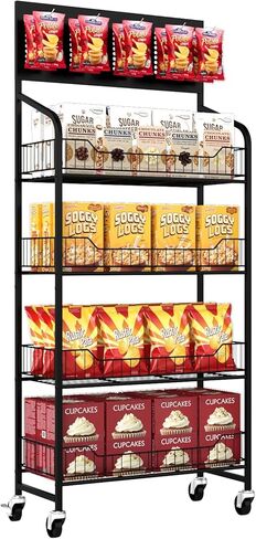 4 Tier Retail Display Rack with Wheels, Snack Organizer Stand, Candy Potato Chip Metal Retail Display Shelf with 12 Hooks for Supermarket and Home KitchenStore Organize, Black (4T 55H*23.8W*10.35D) in Saudi Arabia