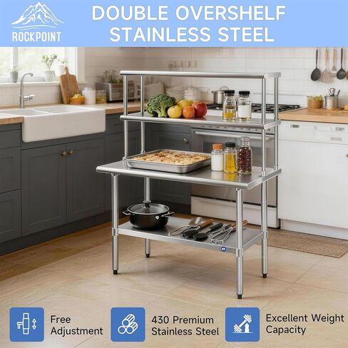 ROCKPOINT Stainless Steel overshelf for Prep Work Table 12" D x 36" W,Commercial Double Overshelf in Kitchen, Home,Restaurant,Garage with countertop Capacity 360lb in Kuwait