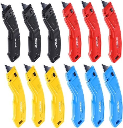 REXBETI 12 Pack Utility Knife Retractable Box Cutter, 4 Color Heavy Duty Aluminum Shell Knife Sets with Extra 20pc SK2 Blades for Cartons, Cardboard and Boxes in Kuwait
