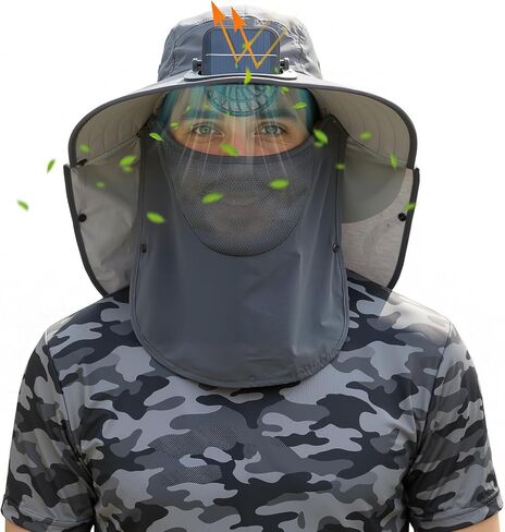 Berlune Solar Fan Hat Outdoor Fishing Hat with Neck Flap and Face Mask USB and Solar Powered for Men Women Sun Protection in Saudi Arabia