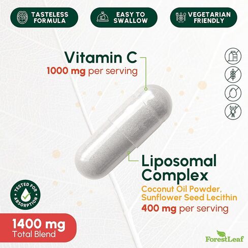 ForestLeaf Liposomal Vitamin C 1400mg Capsules | High Dose Vitamin C Liposomal Supplement w Coconut Oil Fatty Acids | Fast Absorption | Immune Support, Antioxidant, Collagen Production | 120 Vegan Cap in Saudi Arabia