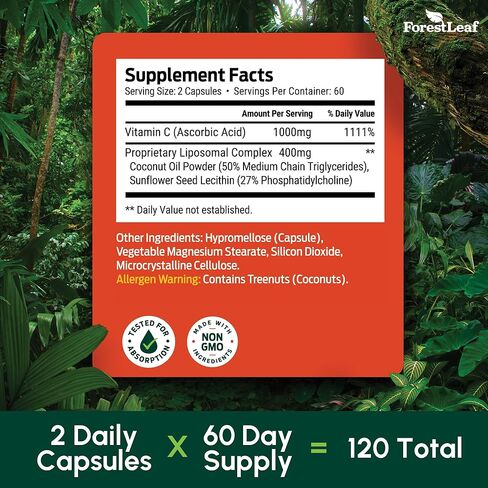 ForestLeaf Liposomal Vitamin C 1400mg Capsules | High Dose Vitamin C Liposomal Supplement w Coconut Oil Fatty Acids | Fast Absorption | Immune Support, Antioxidant, Collagen Production | 120 Vegan Cap in Saudi Arabia