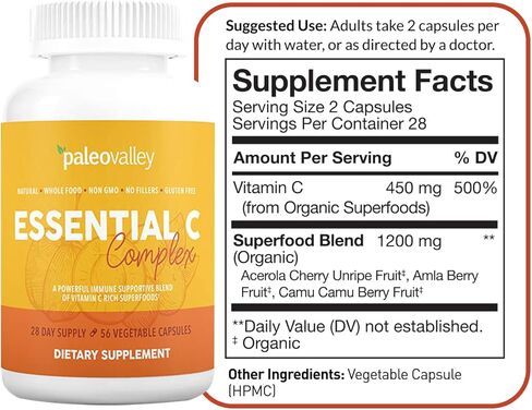 Paleovalley Essential C Complex - Vitamin C Supplement for Immune Support - 1 Pack, 450mg - Organic Superfoods Unripe Acerola Cherry, Camu Camu, Amla Berry - No Synthetic Ascorbic Acid - USA Made in Saudi Arabia