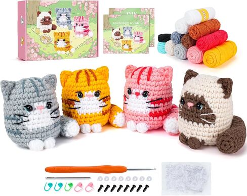 طقم الكروشيه للمبتدئين -4 PCS CAT CROCHET KIT مع دروس فيديو خطوة بخطوة ، وتعلم مجموعات الكروشيه للبالغين والأطفال ، ومجموعة الكروشيه المبتدئين للبالغين ، مجموعة أصدقاء CROCHET CAT in Kuwait
