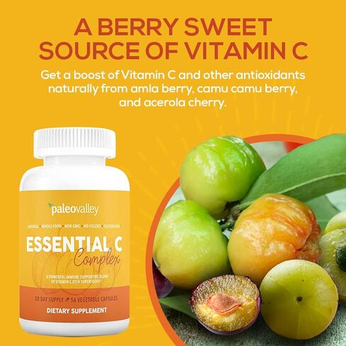 Paleovalley Essential C Complex - Vitamin C Supplement for Immune Support - 1 Pack, 450mg - Organic Superfoods Unripe Acerola Cherry, Camu Camu, Amla Berry - No Synthetic Ascorbic Acid - USA Made in Saudi Arabia