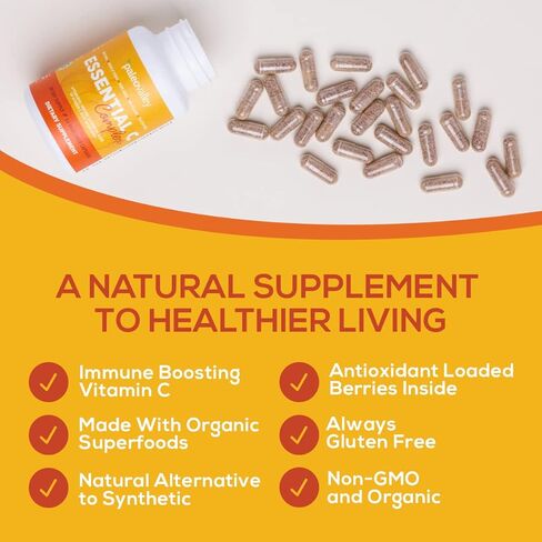 Paleovalley Essential C Complex - Vitamin C Supplement for Immune Support - 1 Pack, 450mg - Organic Superfoods Unripe Acerola Cherry, Camu Camu, Amla Berry - No Synthetic Ascorbic Acid - USA Made in Saudi Arabia