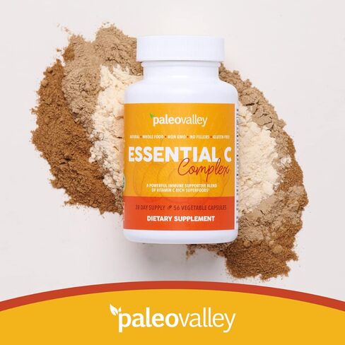 Paleovalley Essential C Complex - Vitamin C Supplement for Immune Support - 1 Pack, 450mg - Organic Superfoods Unripe Acerola Cherry, Camu Camu, Amla Berry - No Synthetic Ascorbic Acid - USA Made in Saudi Arabia
