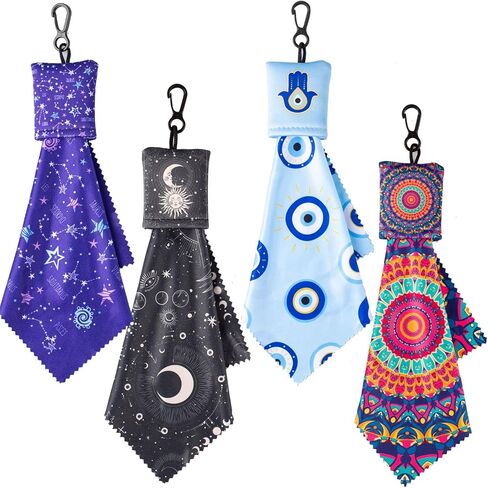 Glasses Cleaning Cloth, 4PC Microfiber Lens Cloth Keychain,Positive Energy Balance - Evil Eye, Mandala , Sun Moon, Divination Symbols for Positive Aura, Protection & Focus, Double Sided Printing in Saudi Arabia