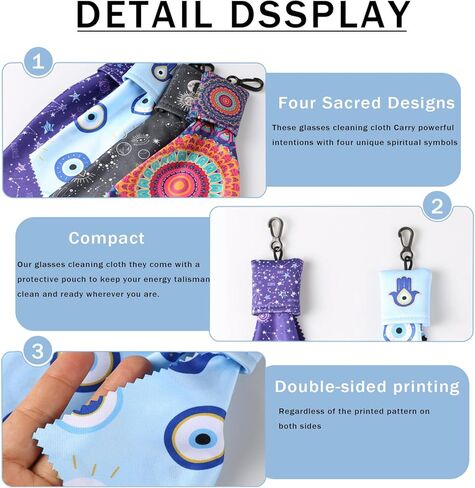 Glasses Cleaning Cloth, 4PC Microfiber Lens Cloth Keychain,Positive Energy Balance - Evil Eye, Mandala , Sun Moon, Divination Symbols for Positive Aura, Protection & Focus, Double Sided Printing in Saudi Arabia