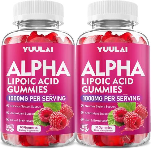 علكات حمض ألفا ليبويك 1000 ملغ مع البيوتين، مكمل ALA عالي الامتصاص قابل للمضغ لمضادات الأكسدة، صحة الدماغ ودعم الأعصاب، نكهة التوت، 60 قطعة in Kuwait